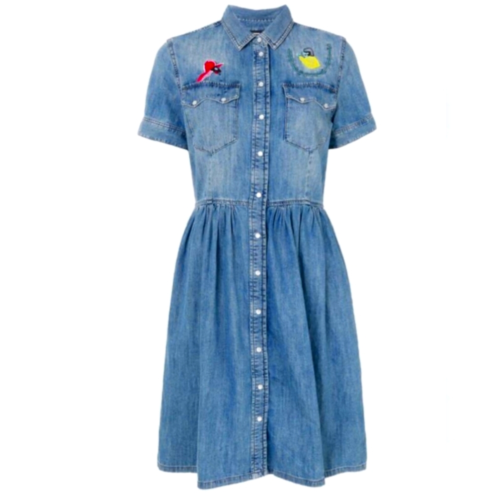 DIESEL Di-Kieshi Chambray Denim Snap Button Embroidered Fit N Flair Midi Dress